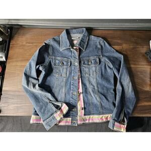 Designer Molly B Jean Jacket Denim Pink Stripe Trim Medium Rhinestone Buttons